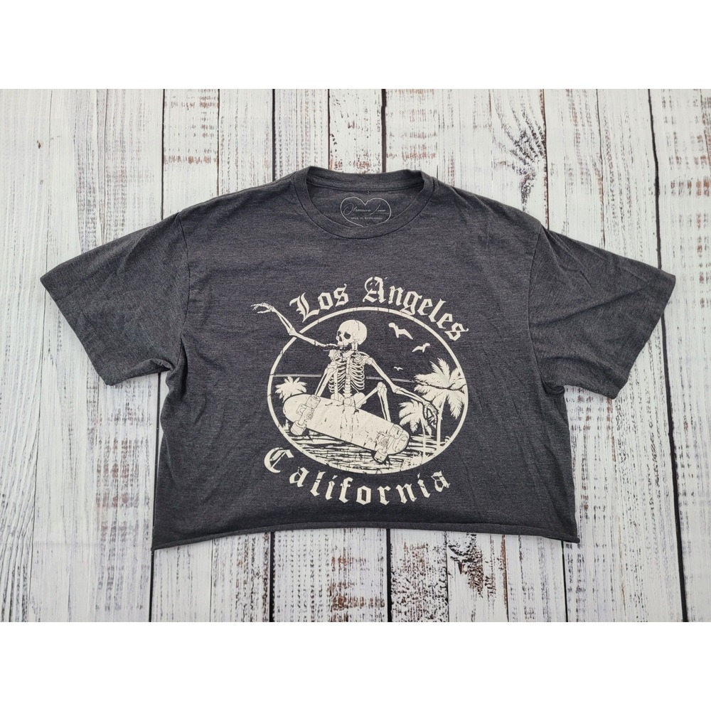 Los Angeles California Skateboarding Skeleton Raw Cut Cropped Tee Gray L